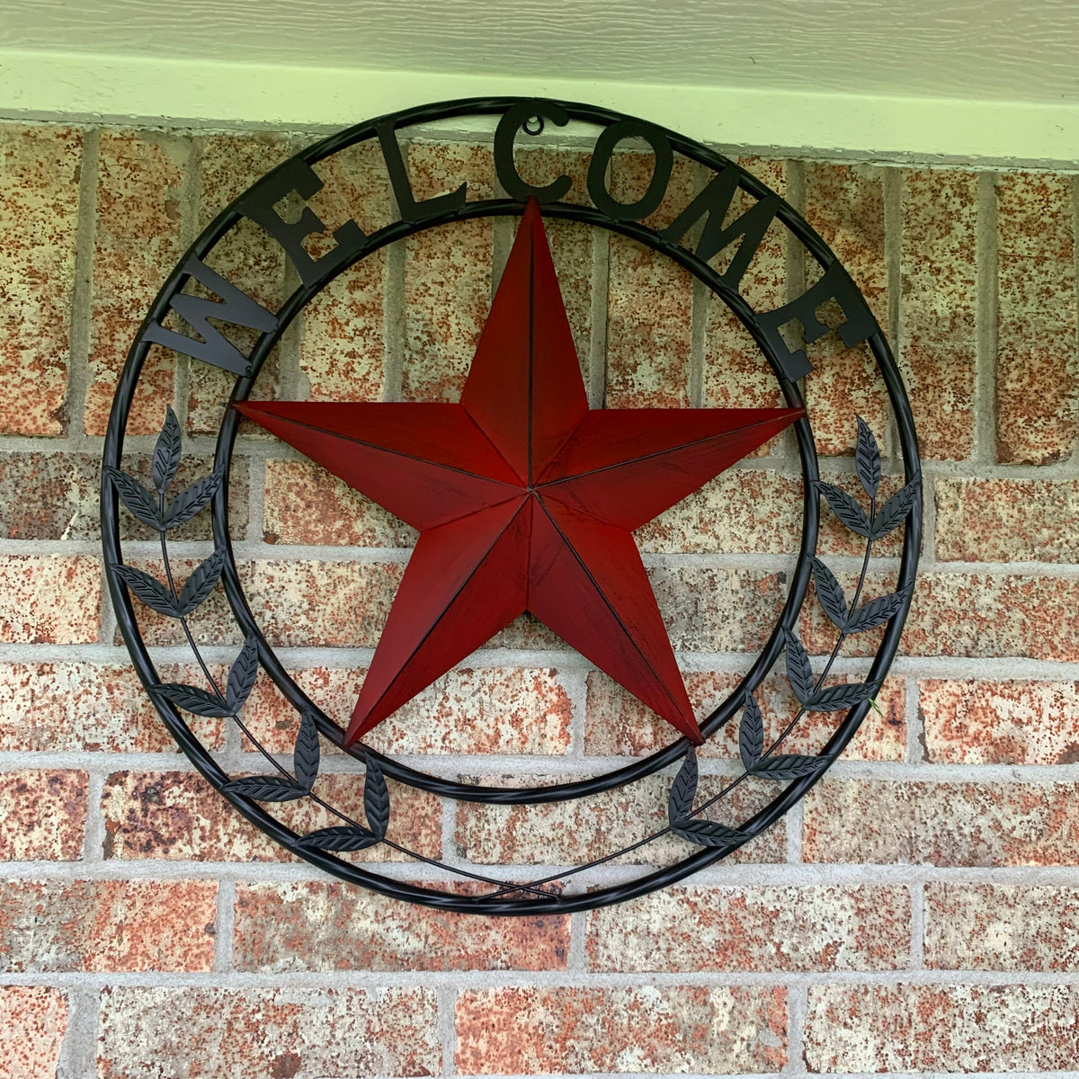 24" WELCOME LEAF LEAVES STAR METAL WALL ART WESTERN HOME DECOR RUSTIC RED HANDMADE