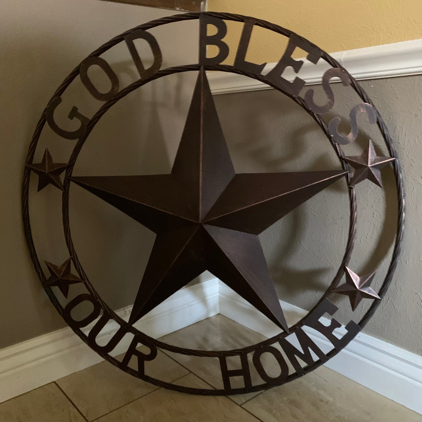GOD BLESS OUR HOME BARN STAR METAL LONE STAR TWISTED ROPE RING WESTERN HOME DECOR HANDMADE #EH11040