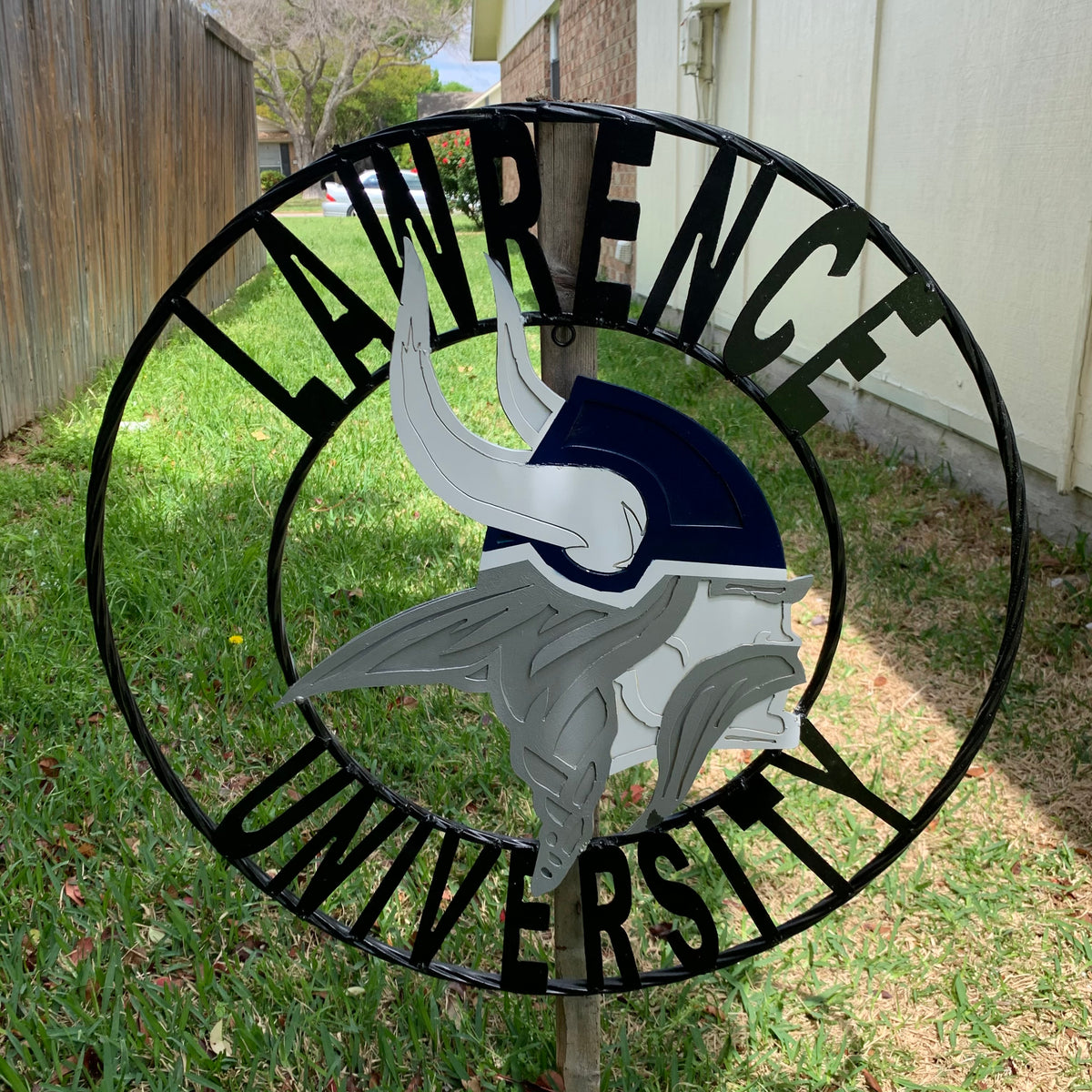 LAWRENCE UNIVERSITY METAL CUSTOM VINTAGE CRAFT WALL ART RUSTIC BLUE SILVER WHITE TEAM SIGN HANDMADE