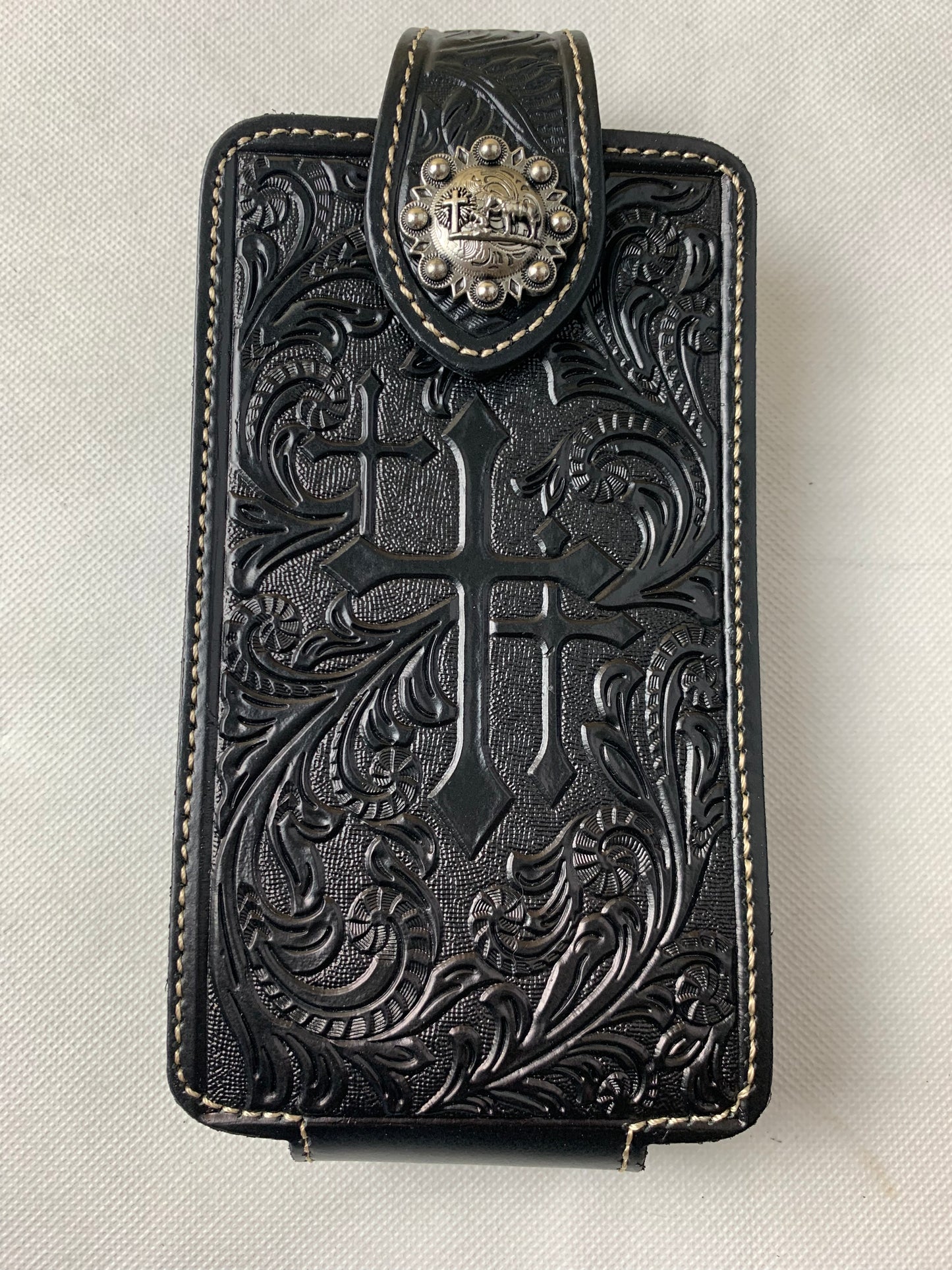 #WS341D 7" COWBOY PRAYER CROSS HOLSTER BLACK LEATHER POUCH EXTRA LARGE  BELT LOOP CELL PHONE CASE UNIVERSAL OVERSIZE--FREE SHIPPING