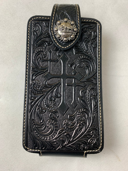#WS341D 7" COWBOY PRAYER CROSS BLACK LEATHER POUCH EXTRA LARGE  BELT LOOP HOLSTER CELL PHONE CASE UNIVERSAL OVERSIZE--FREE SHIPPING