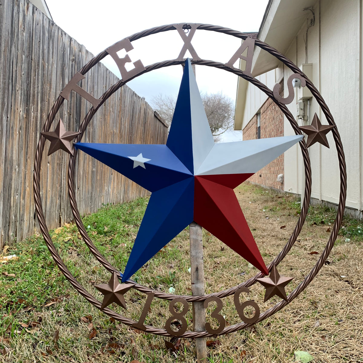 TEXAS 1836  FLAG STAR RED WHITE BLUE BARN STAR TWISTED ROPE RING BRONZE WESTERN HOME DECOR  #EH10958