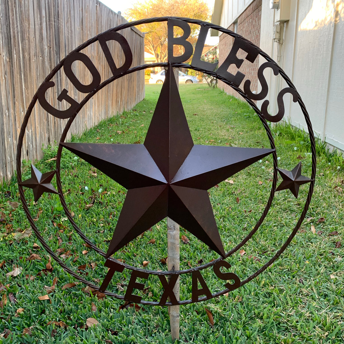 GOD BLESS TEXAS BROWN BARN STAR METAL LONE STAR TWISTED ROPE RING WESTERN HOME DECOR HANDMADE NEW #EH11085
