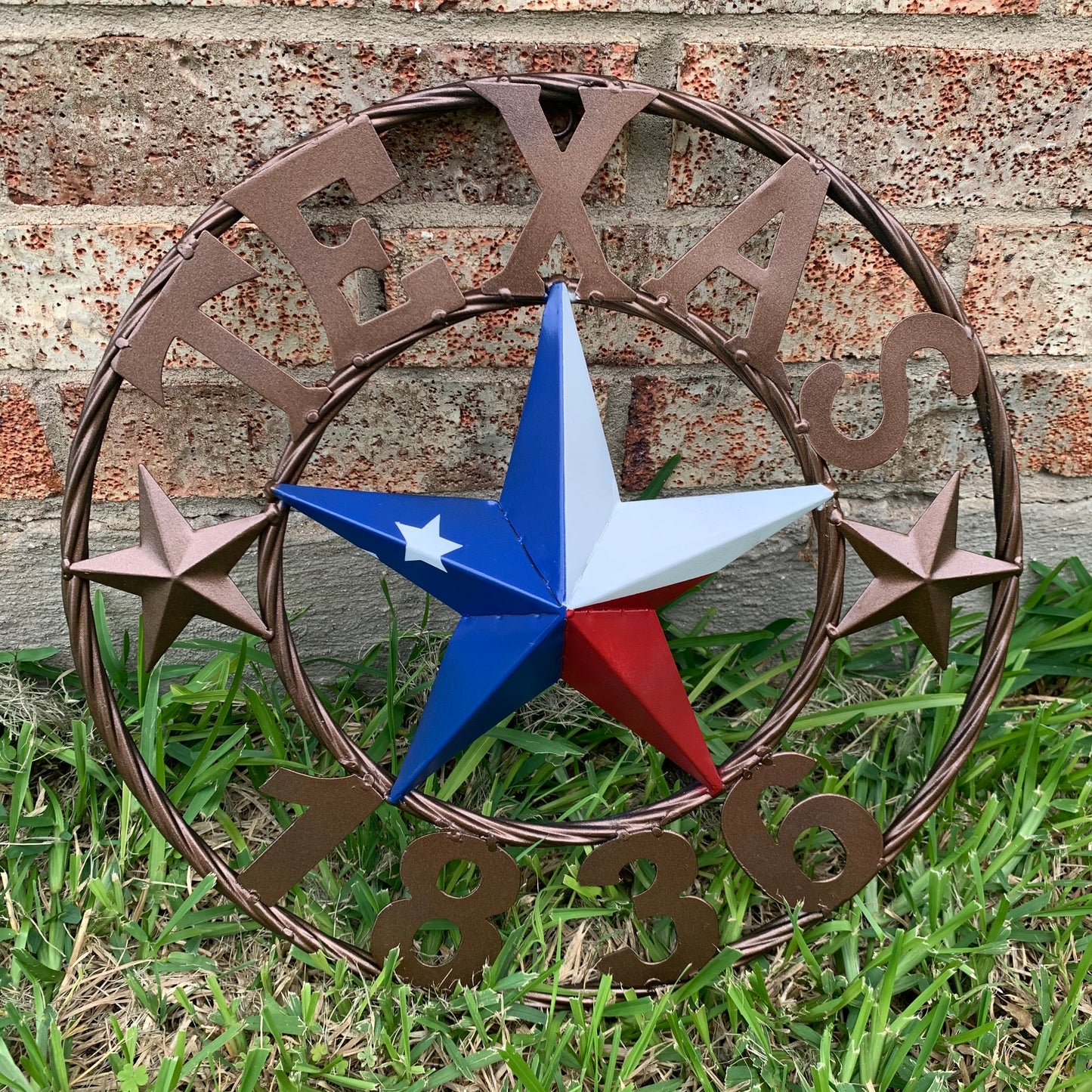 16" TEXAS 1836 RED WHITE BLUE TEXAS FLAG STAR BRONZE RING METAL BARN STAR WESTERN HOME DECOR HANDMADE NEW ART