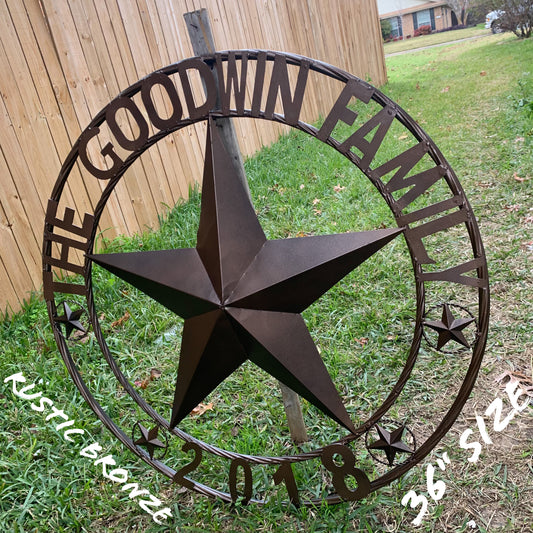 GOODWIN FAMILY STYLE CUSTOM FAMILY NAME STAR METAL BARN STAR ROPE RING WESTERN HOME DECOR RUSTIC HANDMADE 24",32",34",36",40",42",44",46",50"