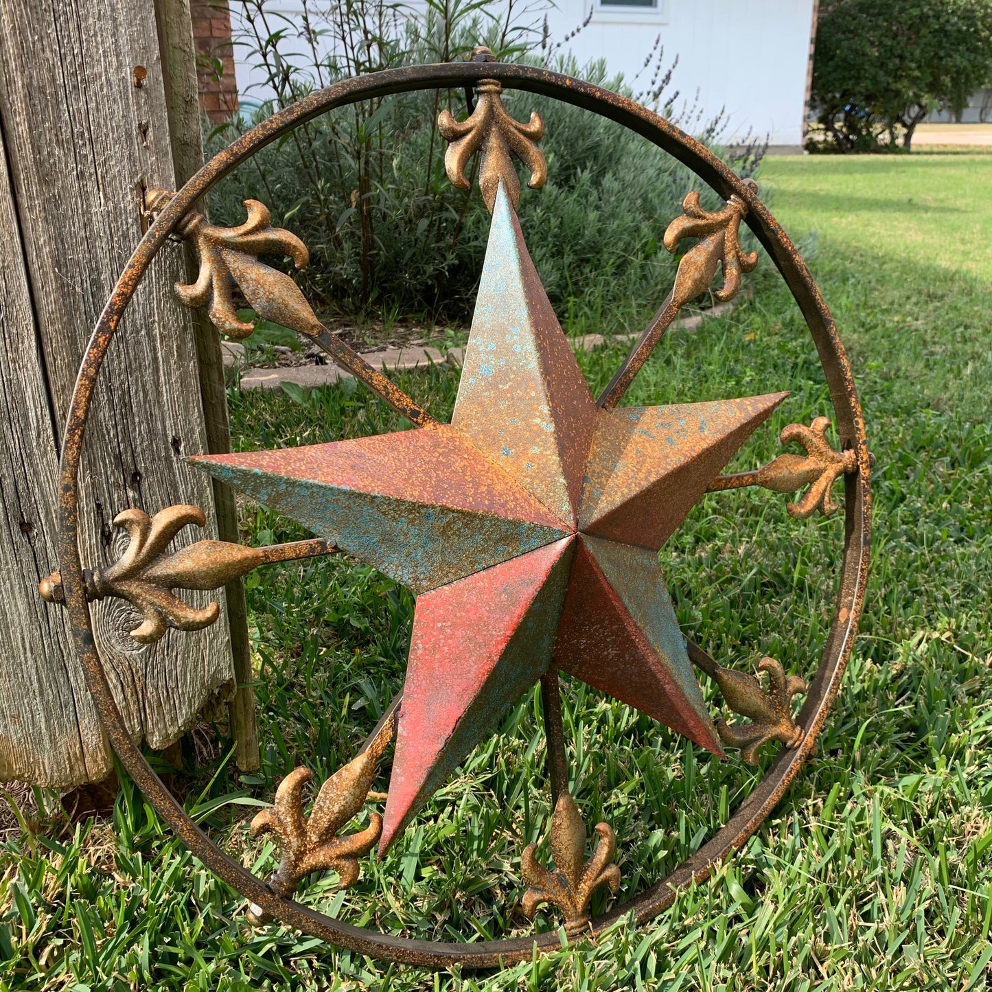 24" RUSTIC STAR & MULTI FLEUR DE LIS METAL WALL ART WESTERN HOME DECOR RED GOLD & TURQUOISE ART