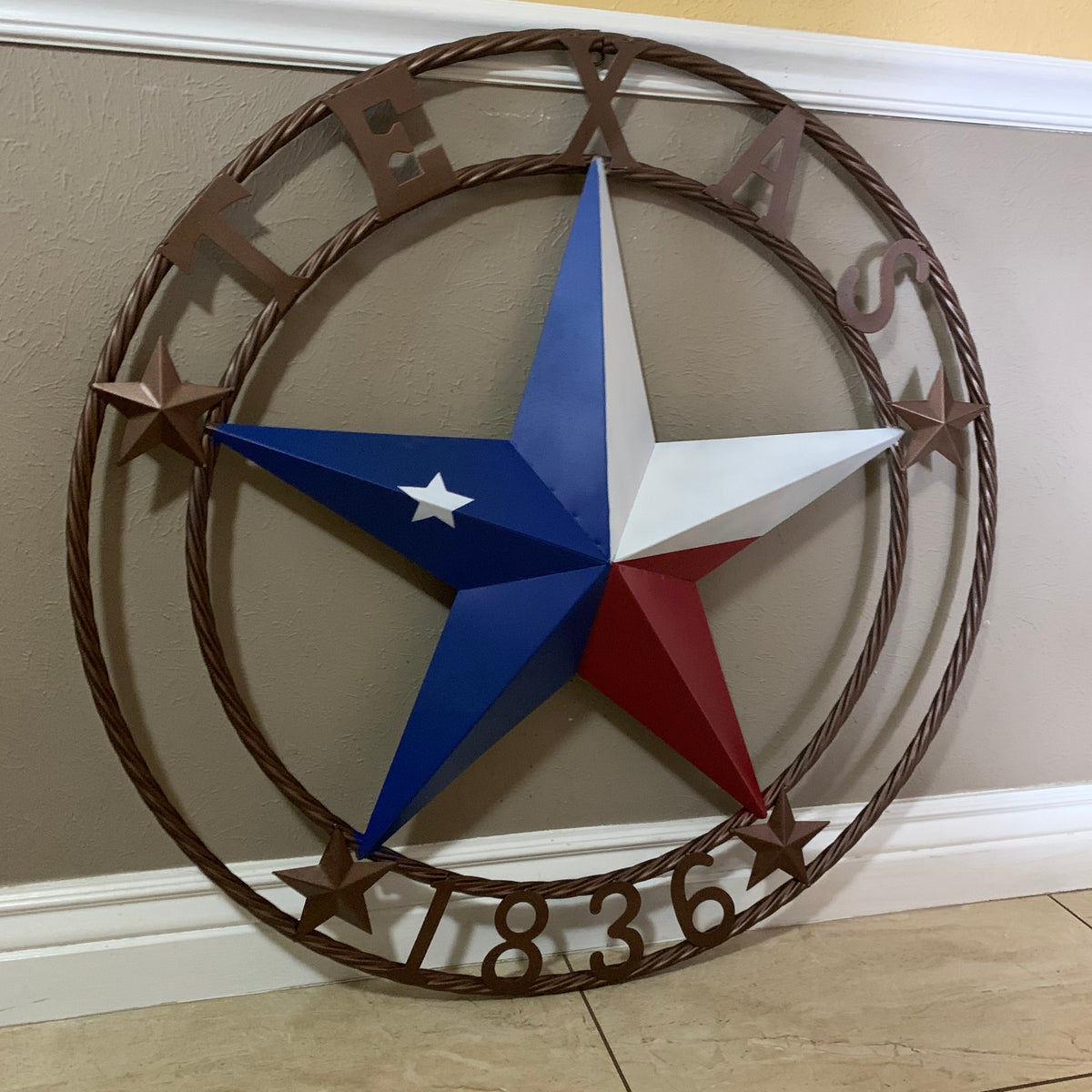 TEXAS 1836  FLAG STAR RED WHITE BLUE BARN STAR TWISTED ROPE RING BRONZE WESTERN HOME DECOR  #EH10958