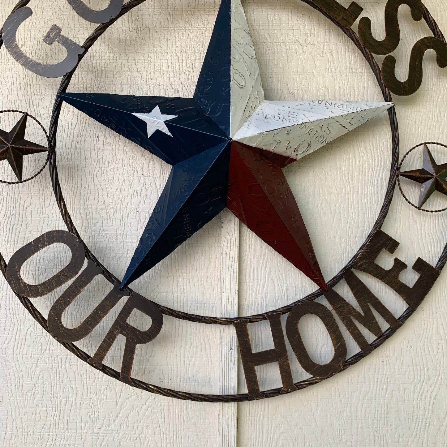 GOD BLESS OUR HOME LICENSE PLATE BARN METAL STAR ROPE RING WALL ART WESTERN HOME DECOR RED WHITE BLUE HANDMADE #EH12927