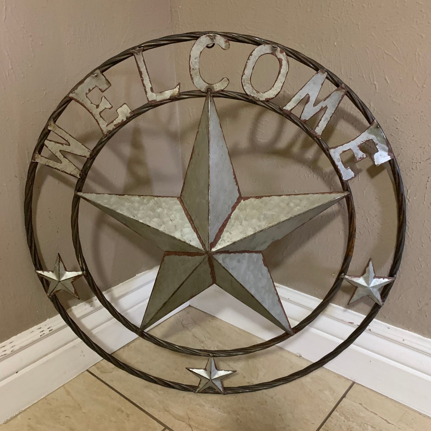 #RT6160 WELCOME GALV 24" METAL BARN STAR TWISTED RING WESTERN HOME DECOR HANDMADE NEW