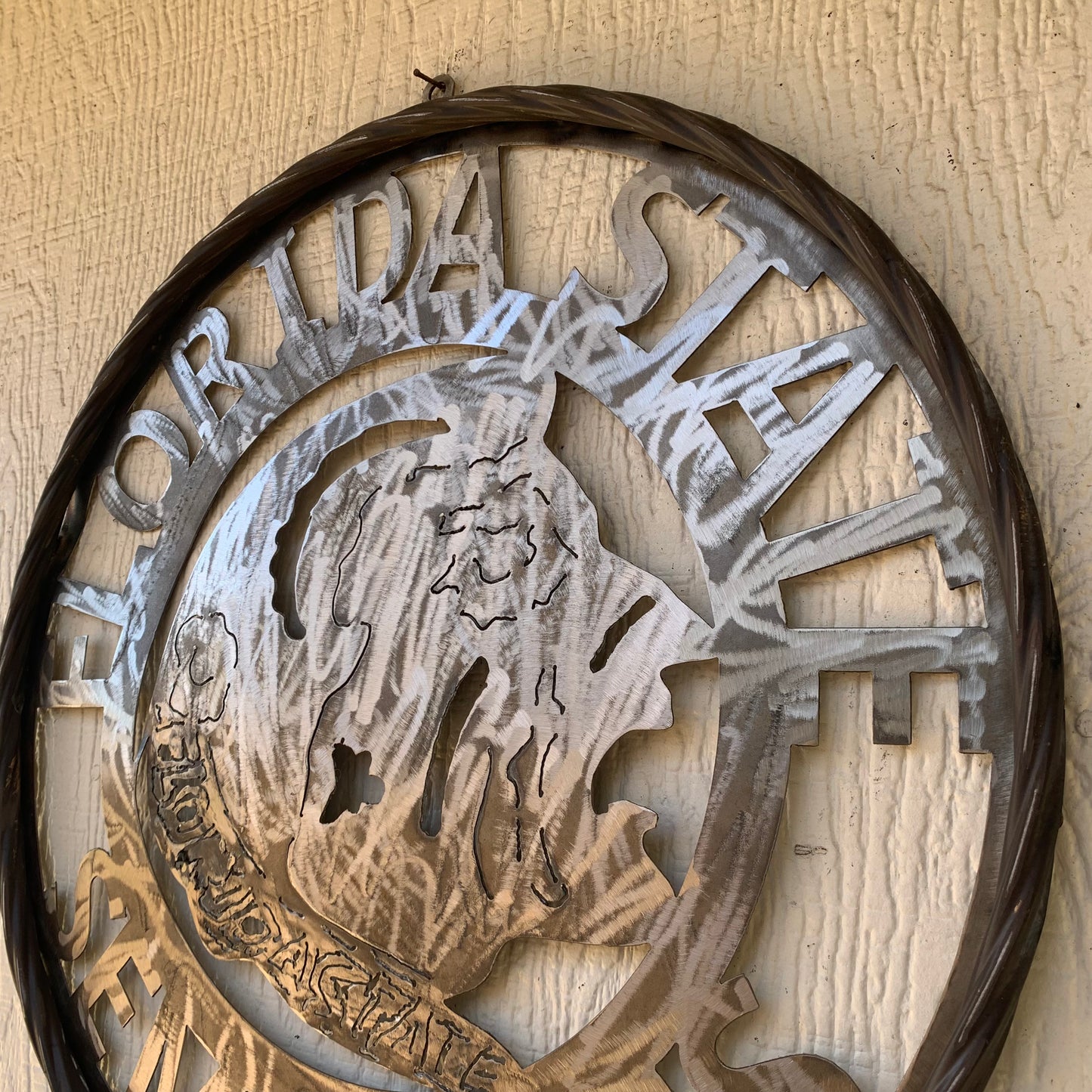 FSU FLORIDA STATE SEMINOLES INDIAN CUSTOM RAW METAL VINTAGE CRAFT TEAM SIGN HANDMADE