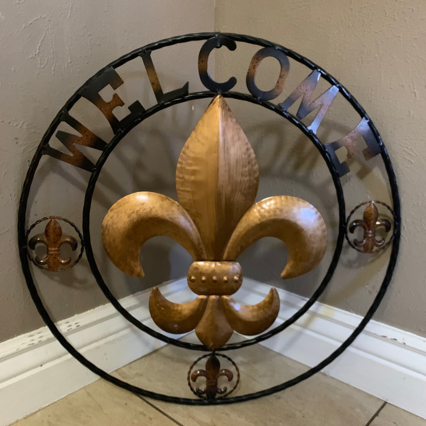 24", 32" WELCOME FLEUR DE LIS METAL WALL ART WESTERN HOME DECOR GOLD & BLACK #EH10251