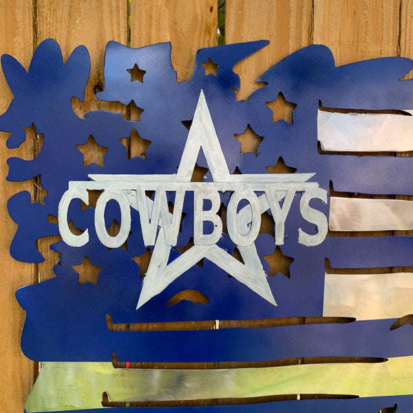 DALLAS COWBOYS METAL TATTERED FLAG BRIGHT BLUE & SILVER CUSTOM VINTAGE CRAFT TEAM SIGN HANDMADE