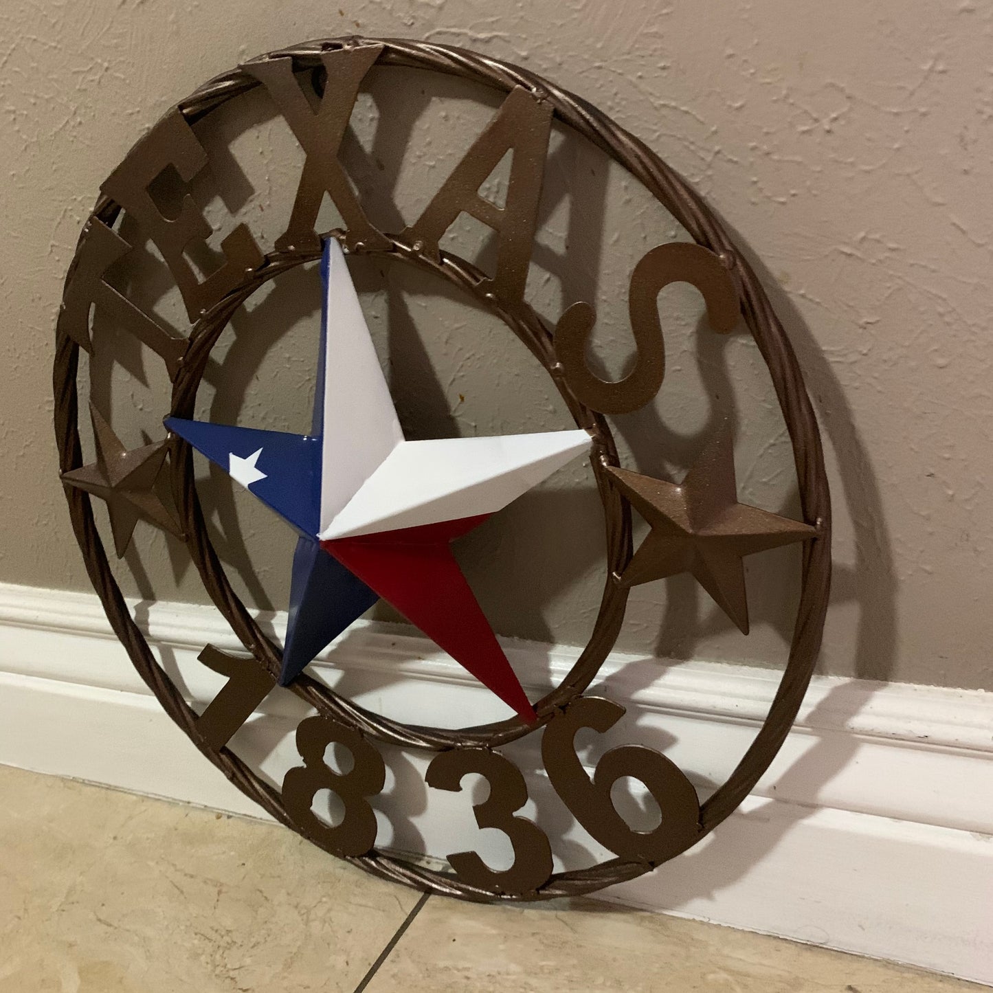 16" TEXAS 1836 RED WHITE BLUE TEXAS FLAG STAR BRONZE RING METAL BARN STAR WESTERN HOME DECOR HANDMADE NEW ART