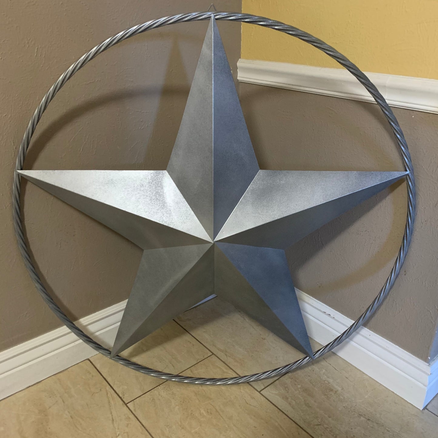 RUSTIC GREY SILVER BARN METAL STAR TWISTED ROPE RING WESTERN HOME DECOR HANDMADE NEW 12",24",36",50",60",72"