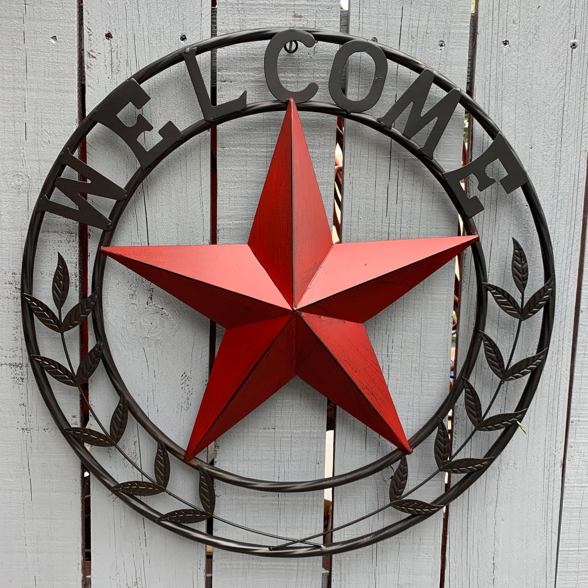 24" WELCOME LEAF LEAVES STAR METAL WALL ART WESTERN HOME DECOR RUSTIC RED HANDMADE