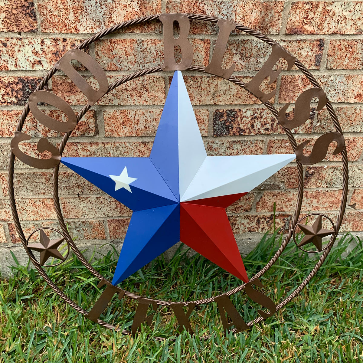 GOD BLESS TEXAS RED WHITE BLUE BARN METAL STAR BRONZE TWISTED ROPE RING WALL ART WESTERN HOME DECOR HANDMADE #EH11884