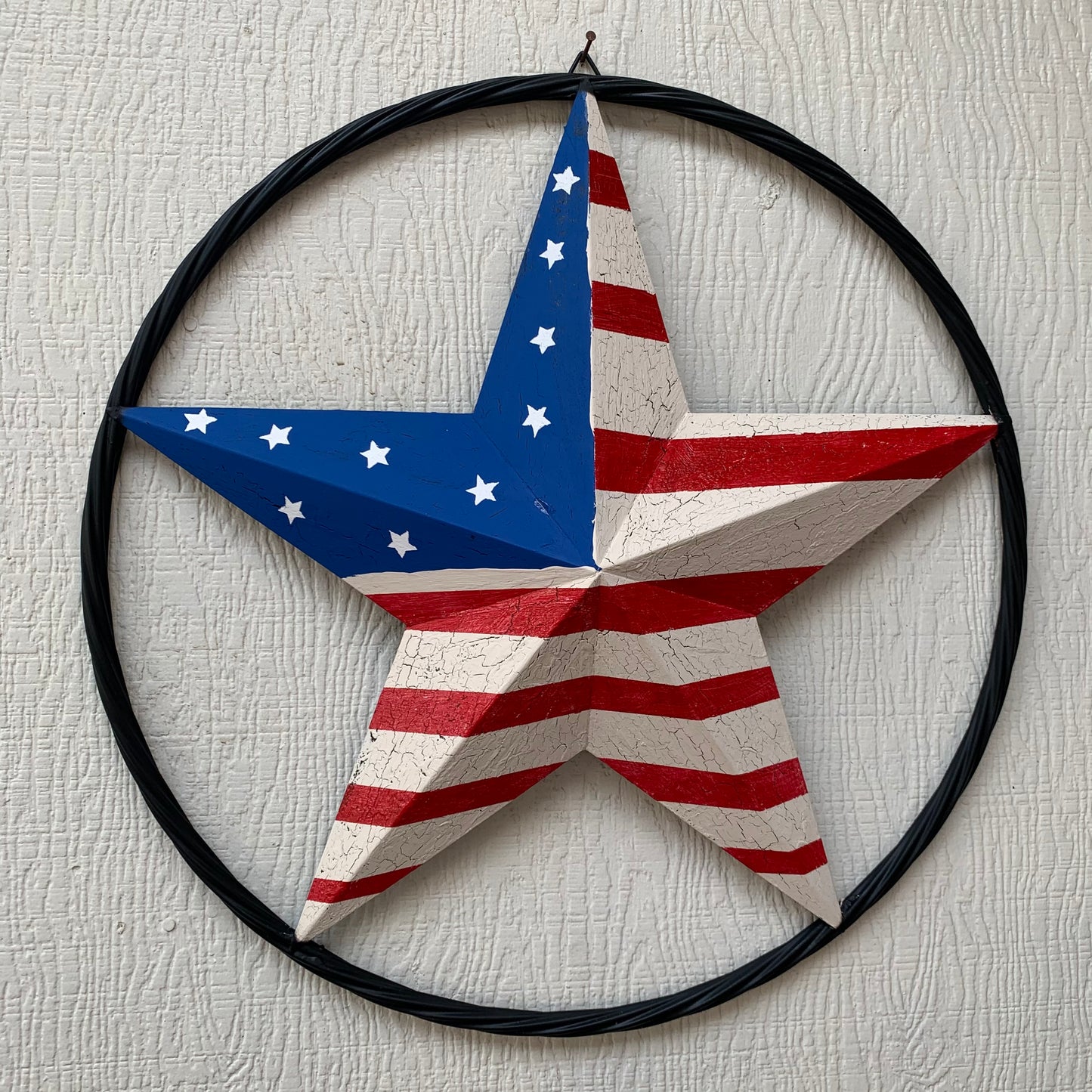 24" AMERICAN USA FLAG CRACKLE STAR METAL WALL ART WESTERN HOME DECOR HANDMADE NEW