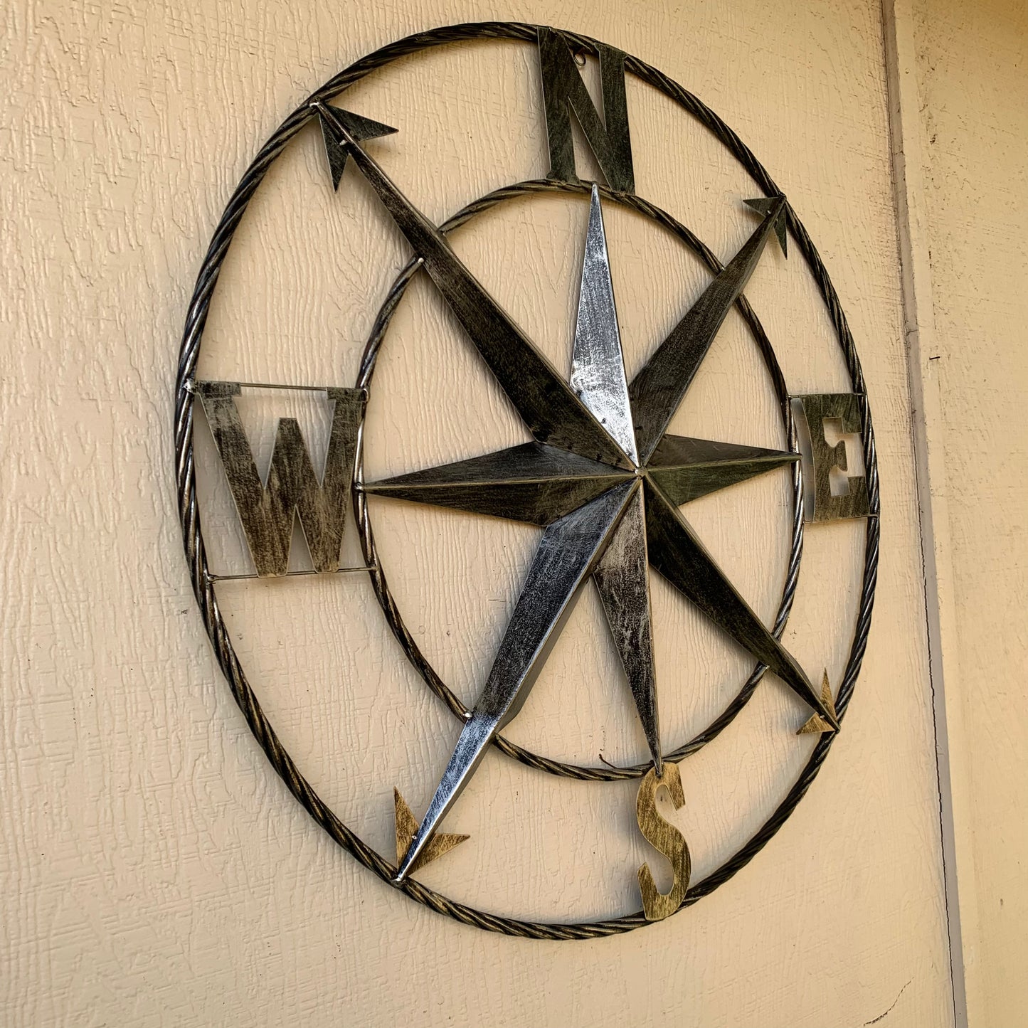 36" COMPASS GREY METAL ART WESTERN METAL ART HOME WALL DECOR RUSTIC GREY #EH10383