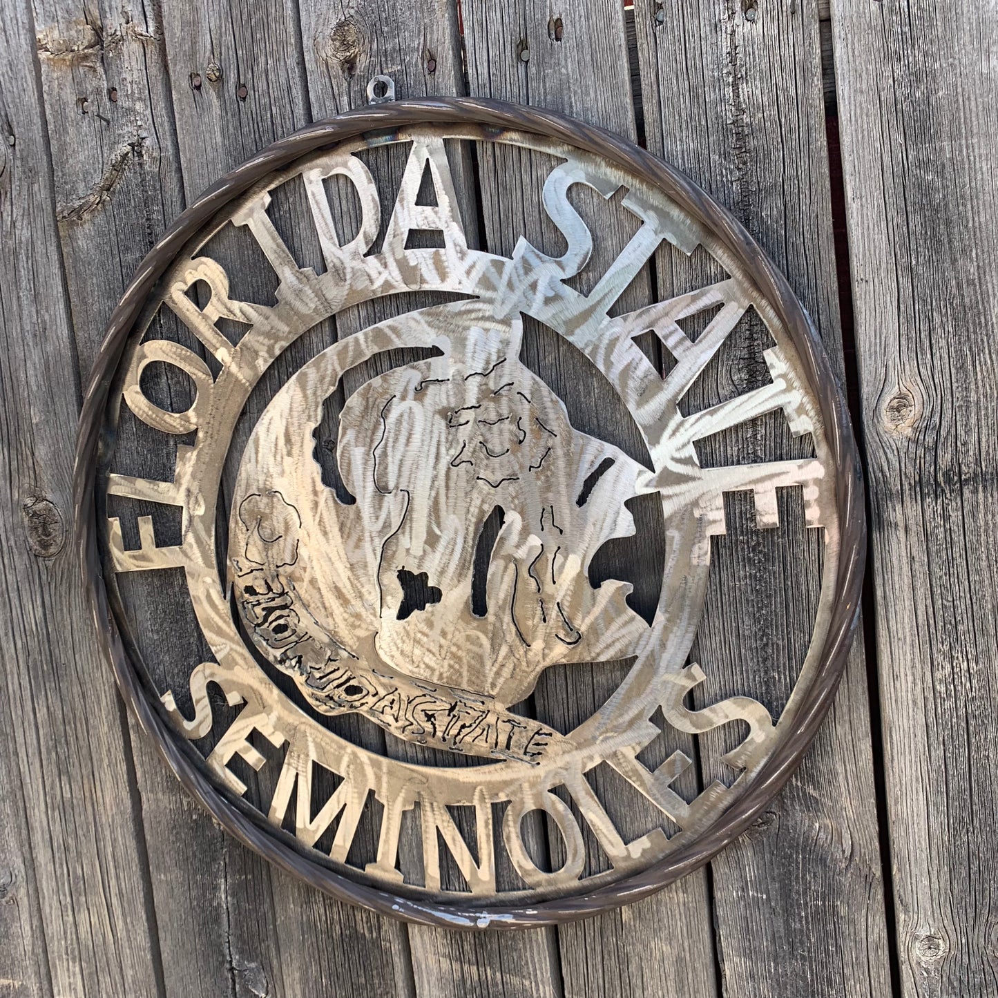 FSU FLORIDA STATE SEMINOLES INDIAN CUSTOM RAW METAL VINTAGE CRAFT TEAM SIGN HANDMADE
