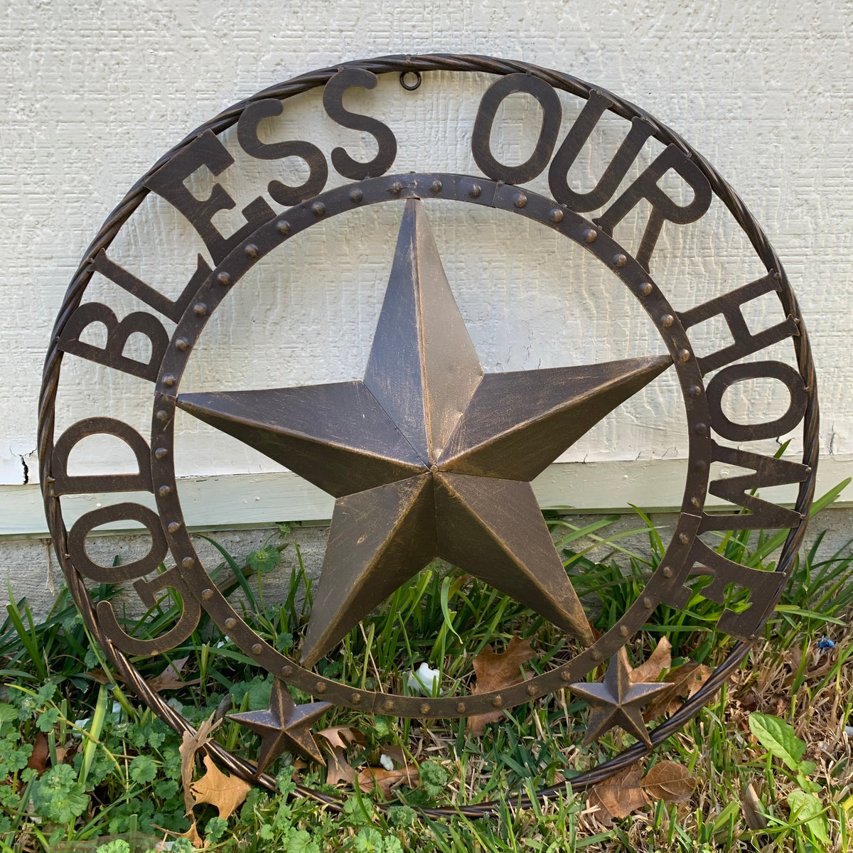 24" GOD BLESS OUR HOME BEADED STAR COLIBROX METAL TWISTED ROPE RING LONE STAR WALL ART WESTERN HOME DECOR RUSTIC DARK BRONZE COPPER HANDMADE NEW