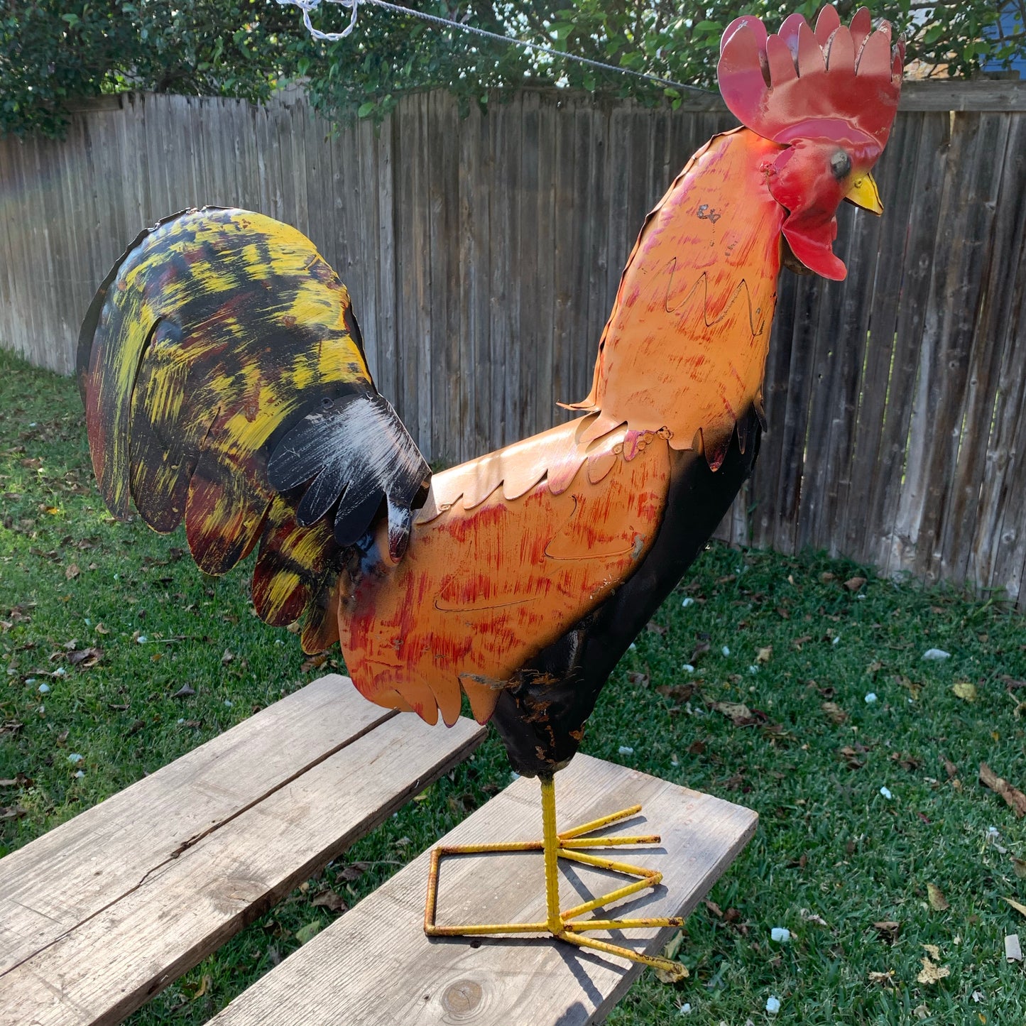 #34-025 RUSTIC ORANGE RED ROOSTER 18",30",40" GARDEN METAL ANIMAL SCULPTURE METAL DECOR ORNAMENT 16"L x 20" high