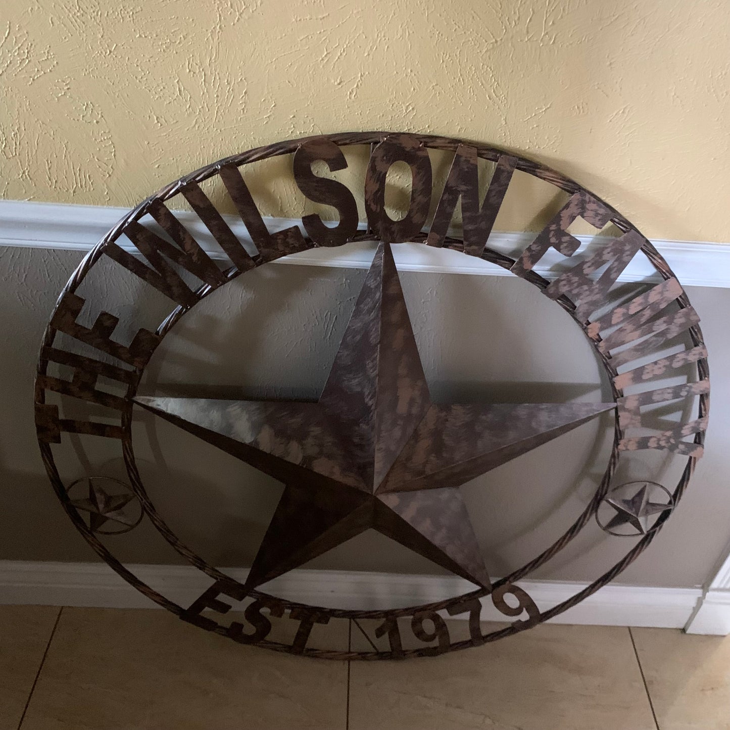 COLOMINA STYLE YOUR CUSTOM NAME BARN STAR BRONZE BRUSH COPPER METAL STAR 3d TWISTED ROPE RING COLOMINA WESTERN HOME DECOR RUSTIC VINTAGE HANDMADE 24",32",36",40",42",44",46",50"