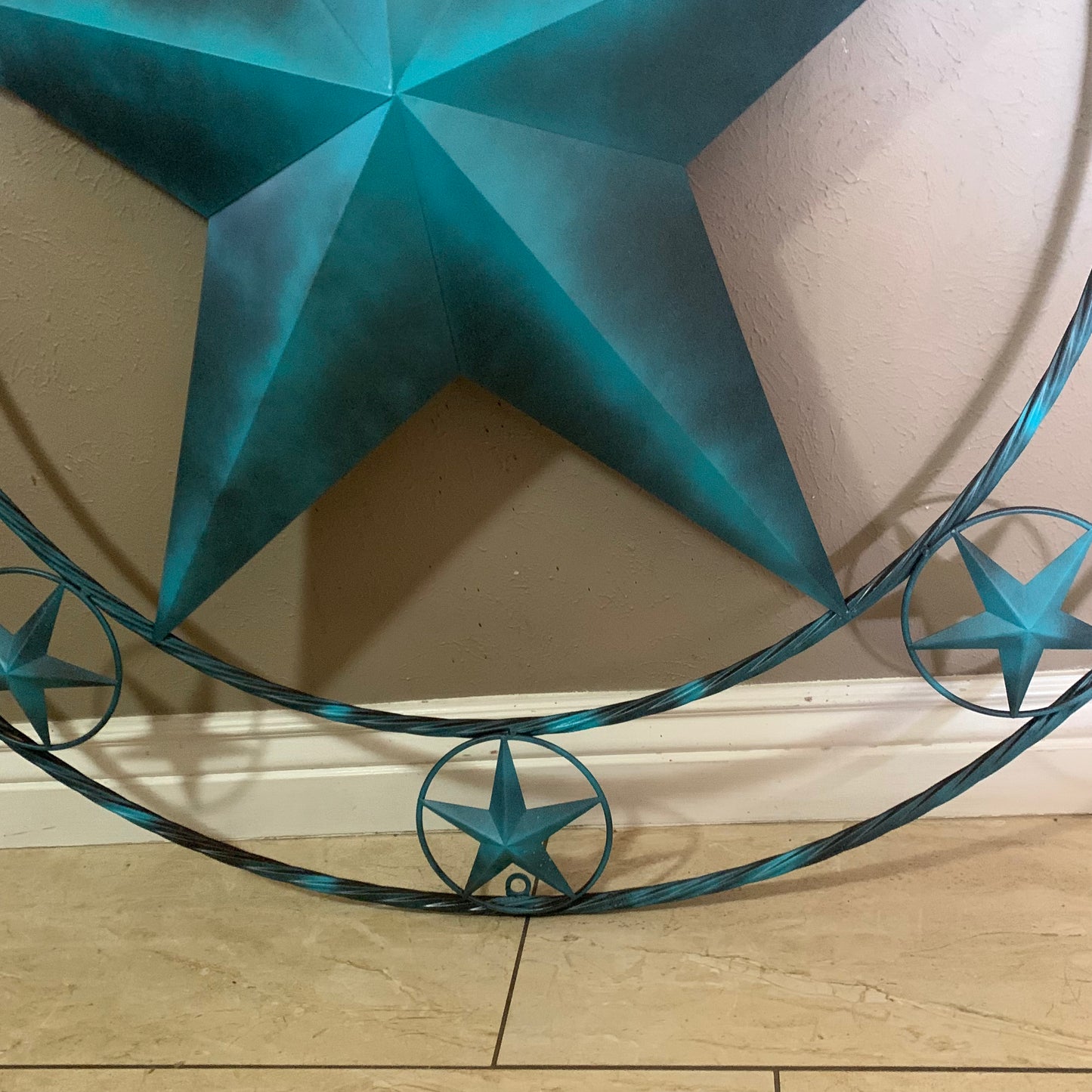 TEXAS LONESTAR TURQUOISE DISTRESSED TWO TONE METAL BARN STAR TWISTED ROPE RING WALL ART WESTERN HOME DECOR HANDMADE NEW #EH10483