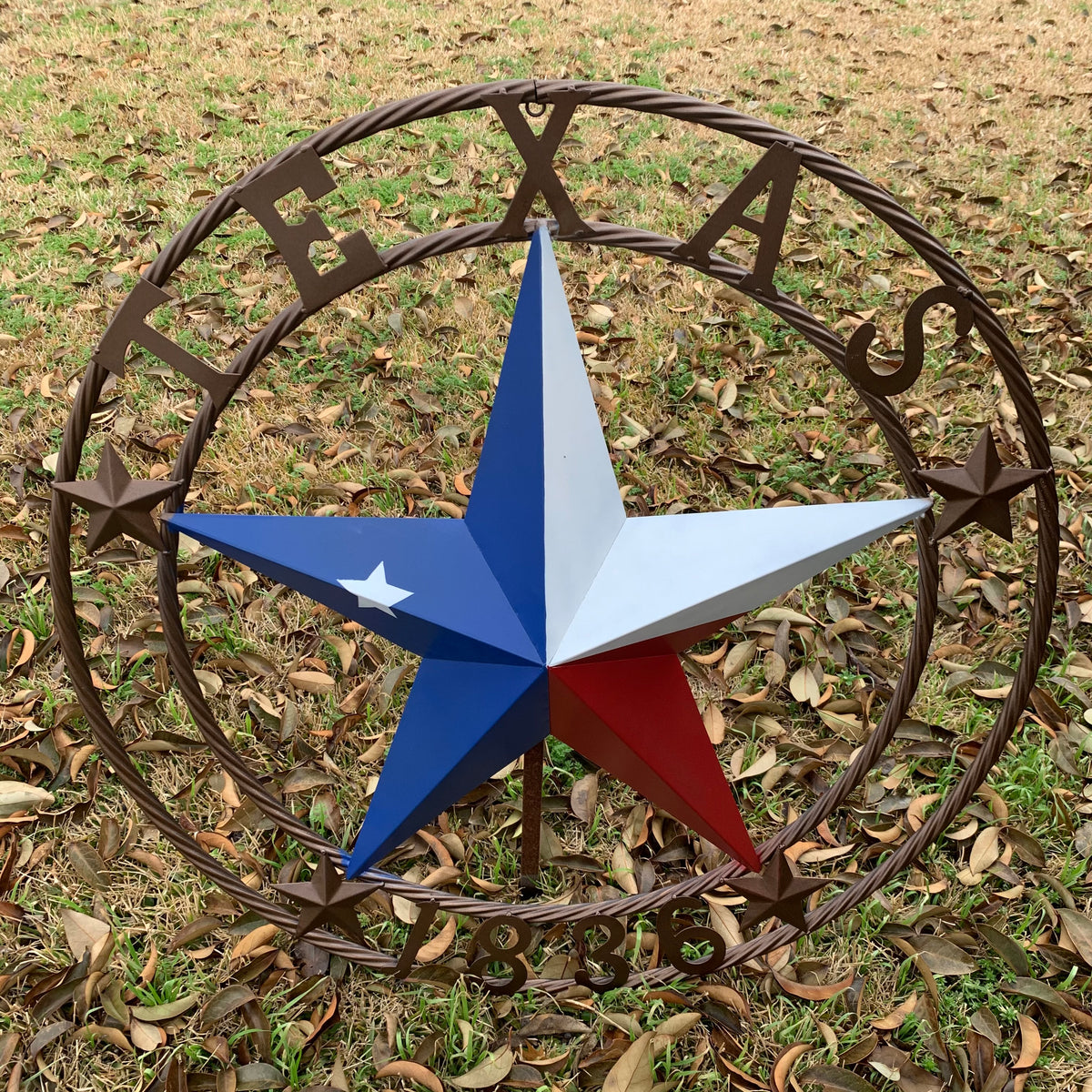 TEXAS 1836  FLAG STAR RED WHITE BLUE BARN STAR TWISTED ROPE RING BRONZE WESTERN HOME DECOR  #EH10958
