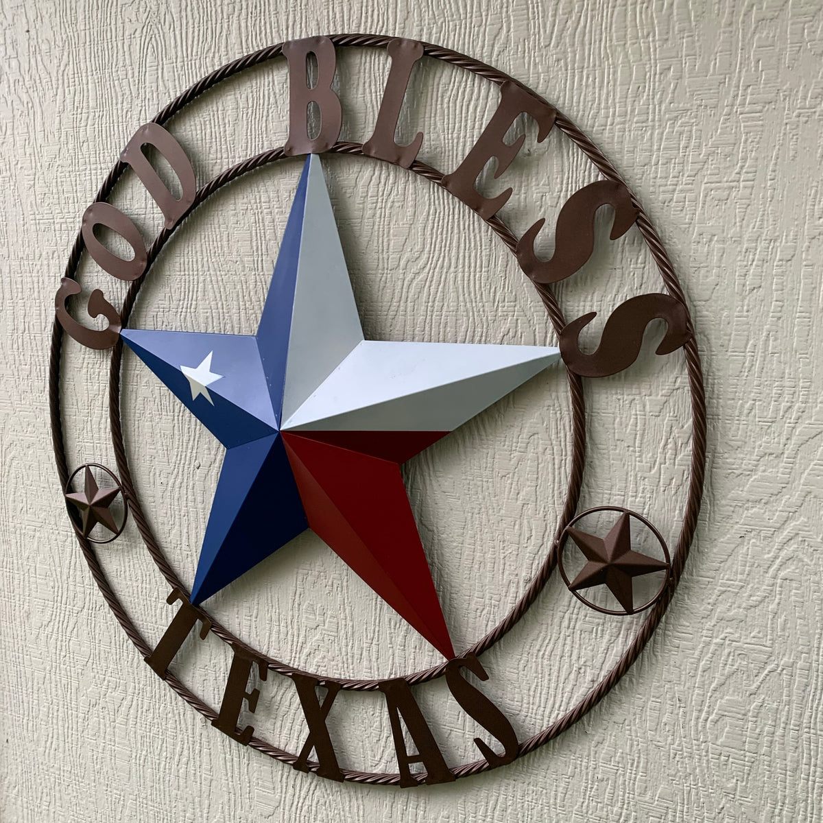 GOD BLESS TEXAS RED WHITE BLUE BARN METAL STAR BRONZE TWISTED ROPE RING WALL ART WESTERN HOME DECOR HANDMADE #EH11884
