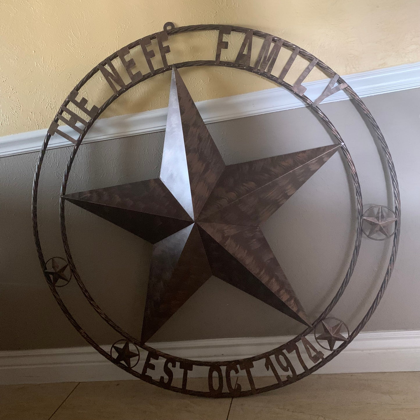 COLOMINA STYLE YOUR CUSTOM NAME BARN STAR BRONZE BRUSH COPPER METAL STAR 3d TWISTED ROPE RING COLOMINA WESTERN HOME DECOR RUSTIC VINTAGE HANDMADE 24",32",36",40",42",44",46",50"