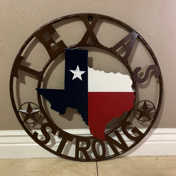 TEXAS STRONG SIGN METAL WALL ART WESTERN HOME DECOR RED WHITE BLUE WITH BRONZE RING HANDMADE #EH13212