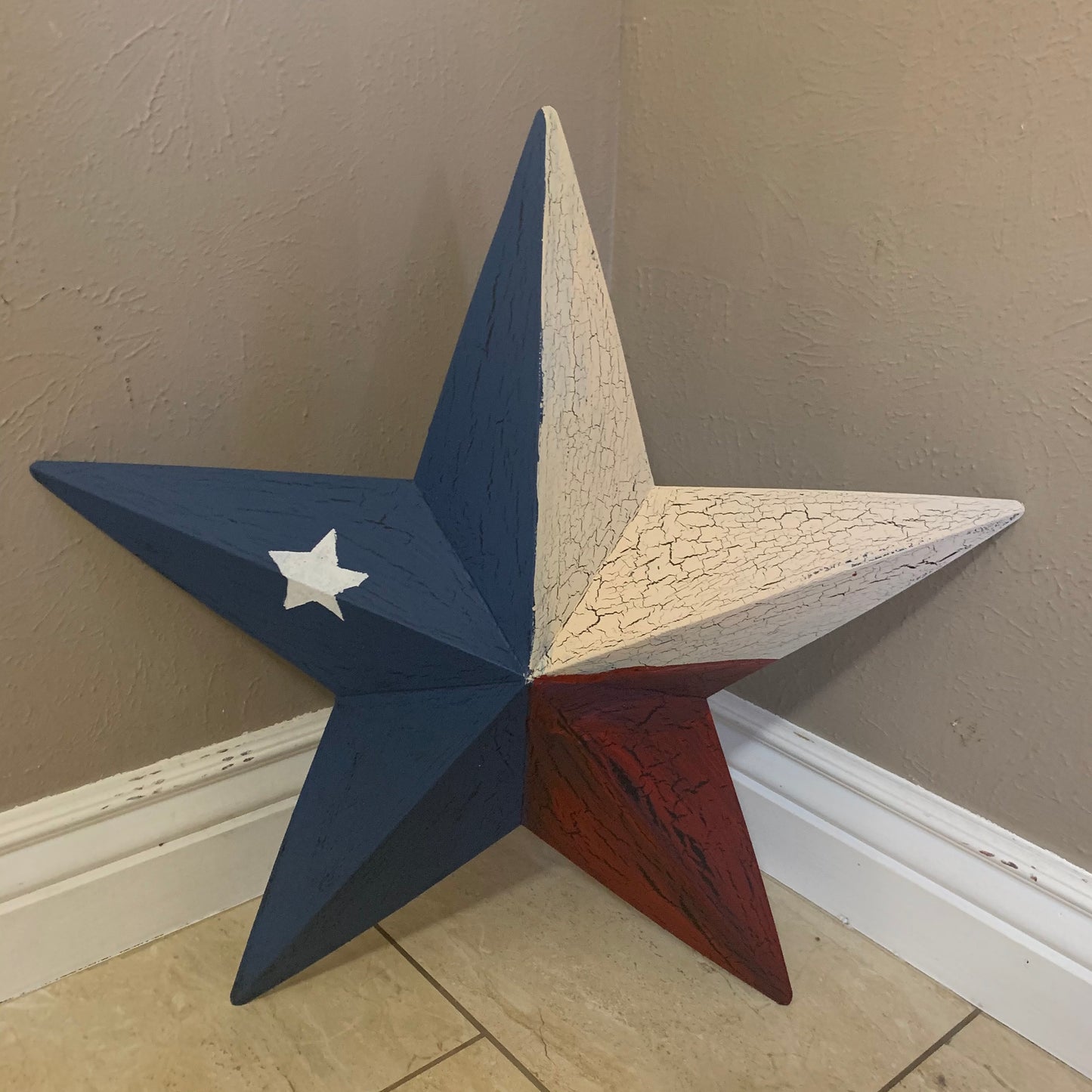 CRACKLE STYLE RED BEIGE & BLUE METAL BARN STAR METAL WALL ART WESTERN HOME DECOR RUSTIC NEW
