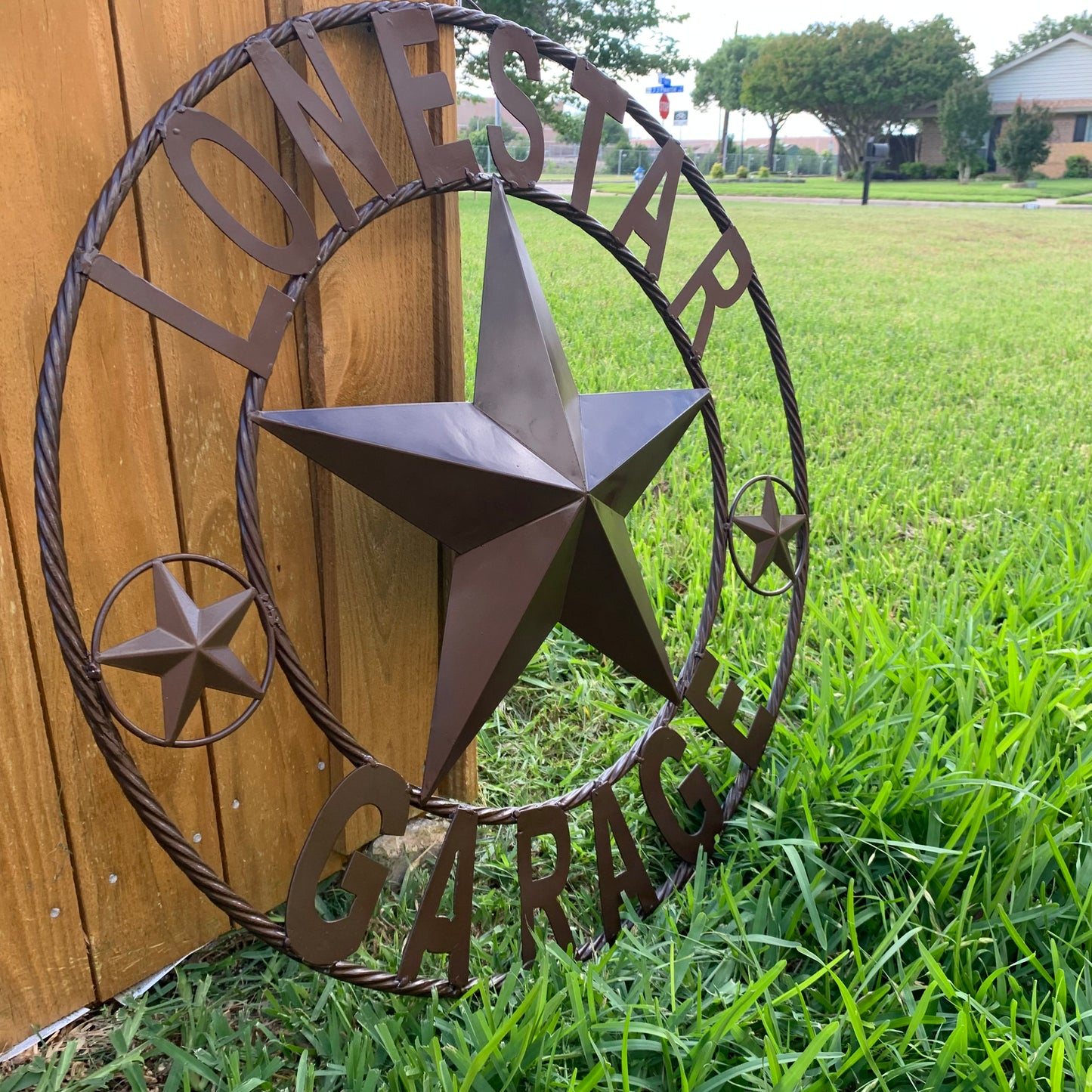 LONESTAR GARAGE STYLE CUSTOM BARN NAME STAR LONESTAR GARAGE METAL NAME BARN STAR WITH TWISTED ROPE RING 3d STAR ART WESTERN HOME DECOR RUSTIC BROWN