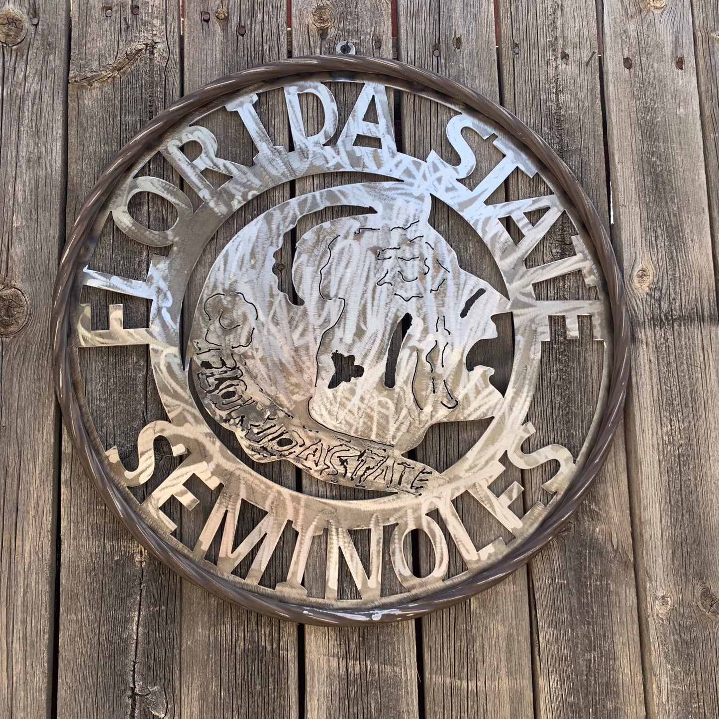 FSU FLORIDA STATE SEMINOLES INDIAN CUSTOM RAW METAL VINTAGE CRAFT TEAM SIGN HANDMADE