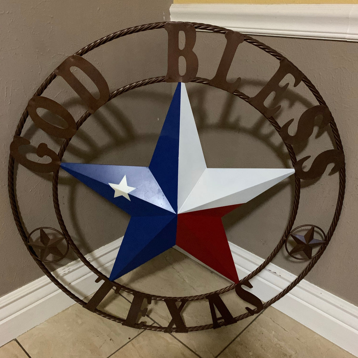 GOD BLESS TEXAS RED WHITE BLUE BARN METAL STAR BRONZE TWISTED ROPE RING WALL ART WESTERN HOME DECOR HANDMADE #EH11884