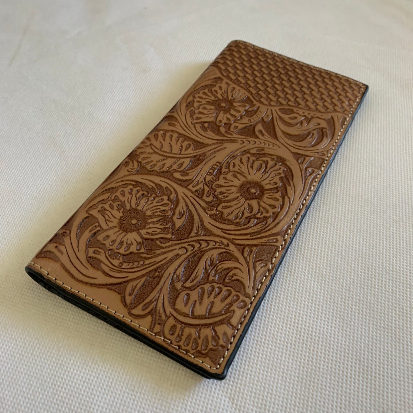 WESTERN CHECKBOOK BI FOLD WALLET or MEN'S WALLET GENUINE LEATHER LIGHT BROWN FRONT FLORAL EMBOSSED NEW