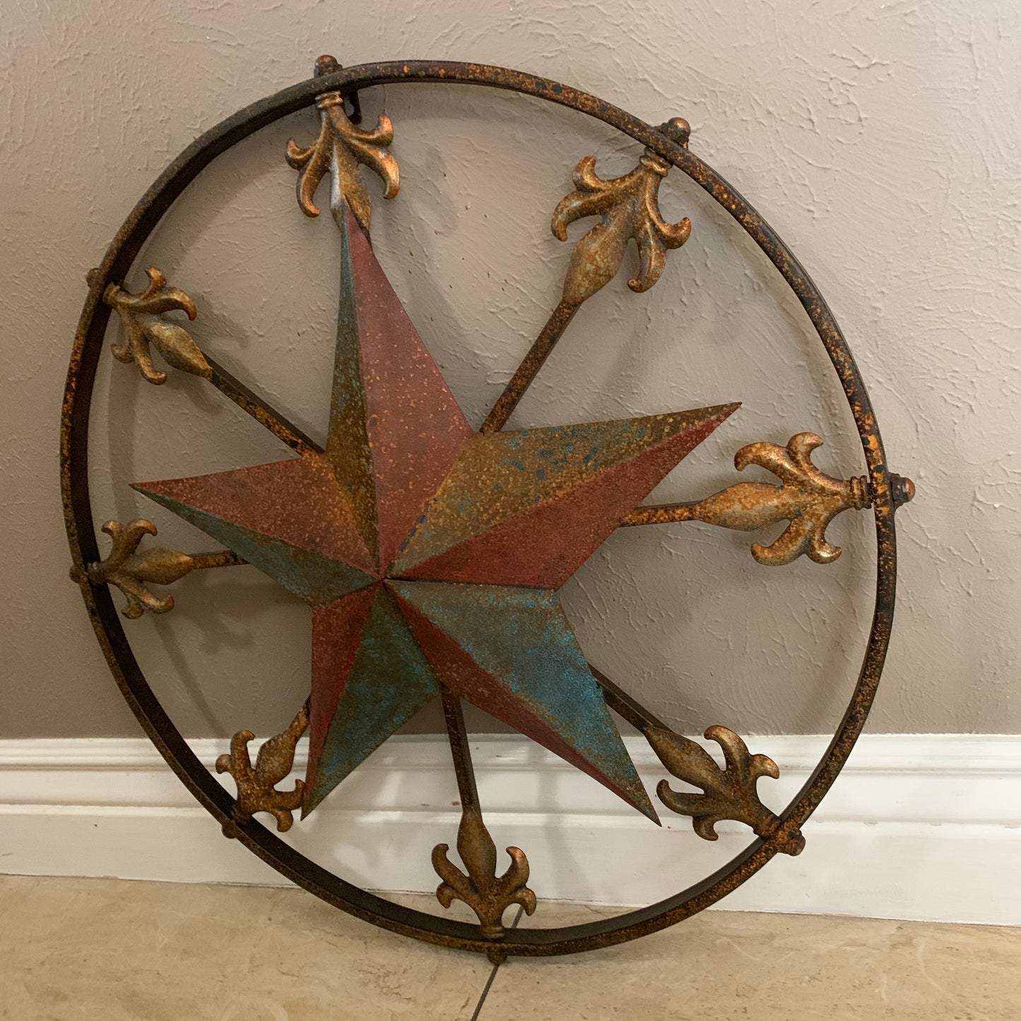 24" RUSTIC STAR & MULTI FLEUR DE LIS METAL WALL ART WESTERN HOME DECOR RED GOLD & TURQUOISE ART