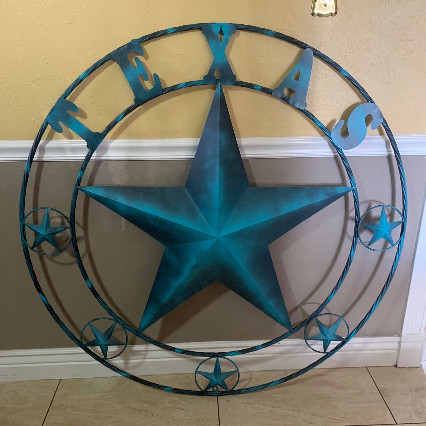 TEXAS LONESTAR TURQUOISE DISTRESSED TWO TONE METAL BARN STAR TWISTED ROPE RING WALL ART WESTERN HOME DECOR HANDMADE NEW #EH10483