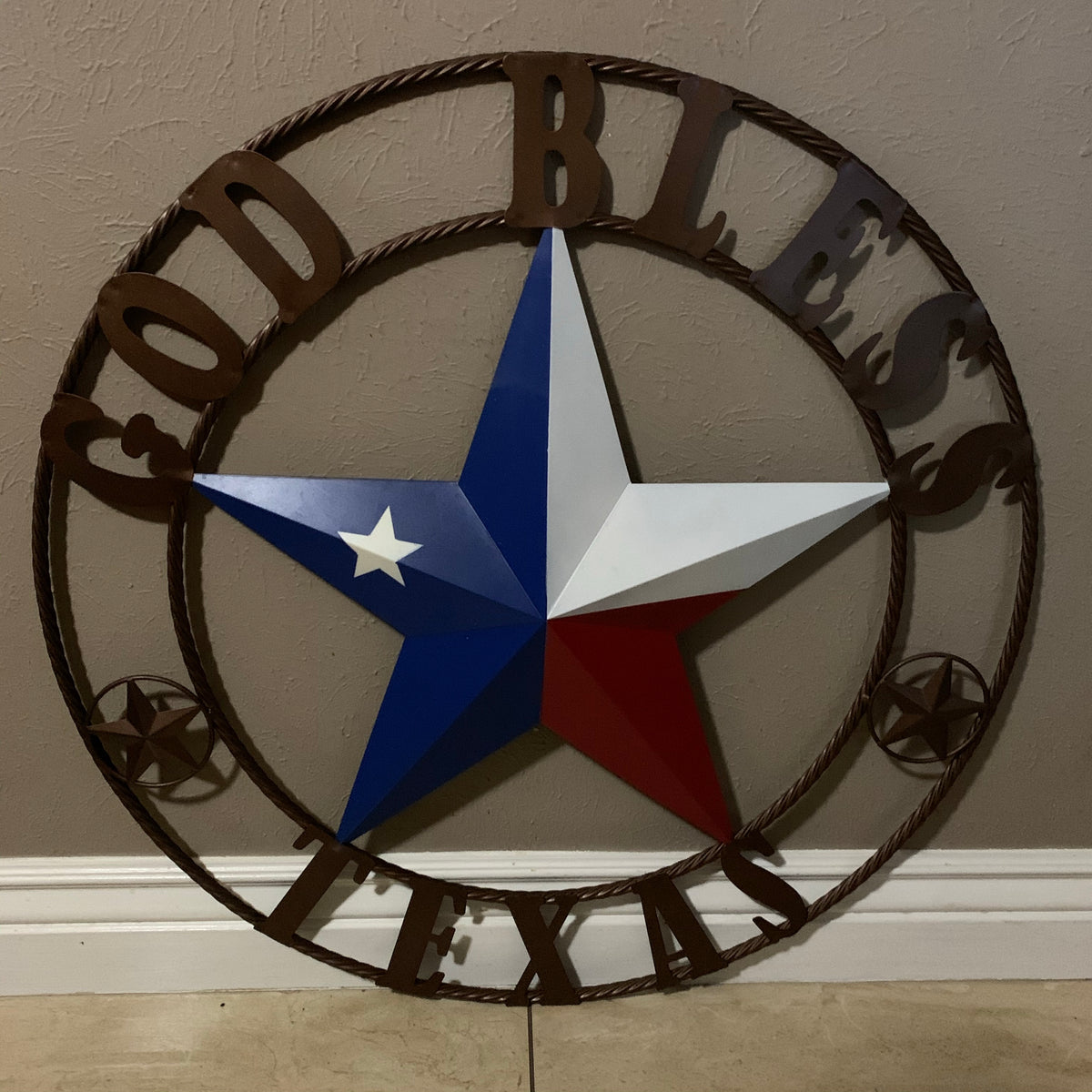 GOD BLESS TEXAS RED WHITE BLUE BARN METAL STAR BRONZE TWISTED ROPE RING WALL ART WESTERN HOME DECOR HANDMADE #EH11884