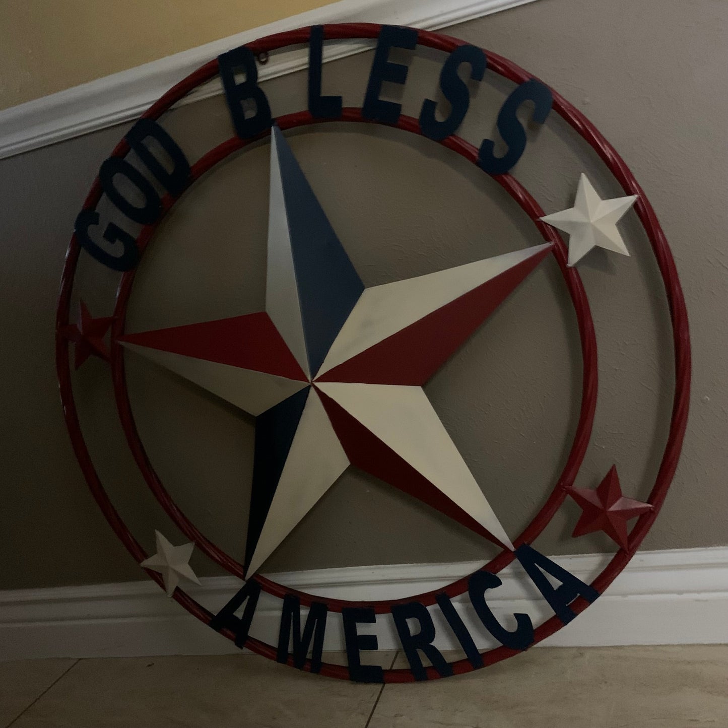 #EH10489 GOD BLESS AMERICA USA FLAG BARN STAR METAL RED WHITE BLUE WESTER HOME DECOR HANDMADE NEW