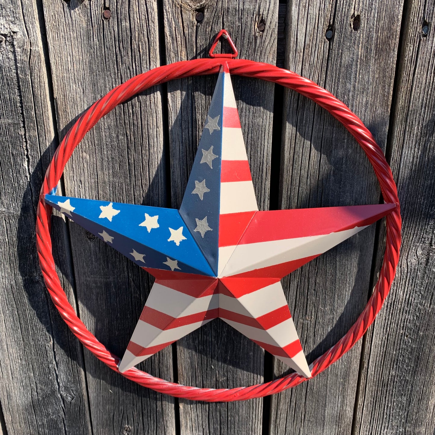 AMERICAN Flag USA Metal Barn Star RED , BEIGE, NAVY BLUE WITH RED Rope Ring Western Home Decor Handmade 12",16",24",30",34",36",40",48"