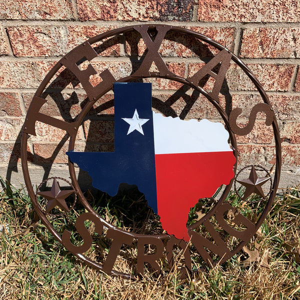 TEXAS STRONG SIGN METAL WALL ART WESTERN HOME DECOR RED WHITE BLUE WITH BRONZE RING HANDMADE #EH13212