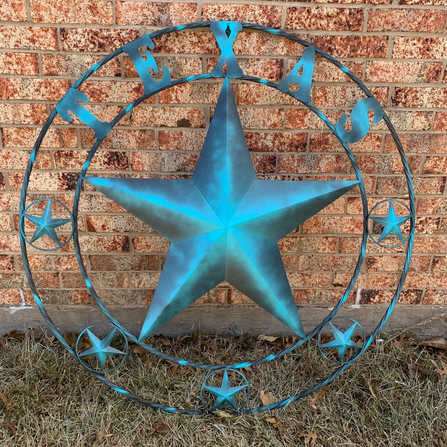 TEXAS LONESTAR TURQUOISE DISTRESSED TWO TONE METAL BARN STAR TWISTED ROPE RING WALL ART WESTERN HOME DECOR HANDMADE NEW #EH10483