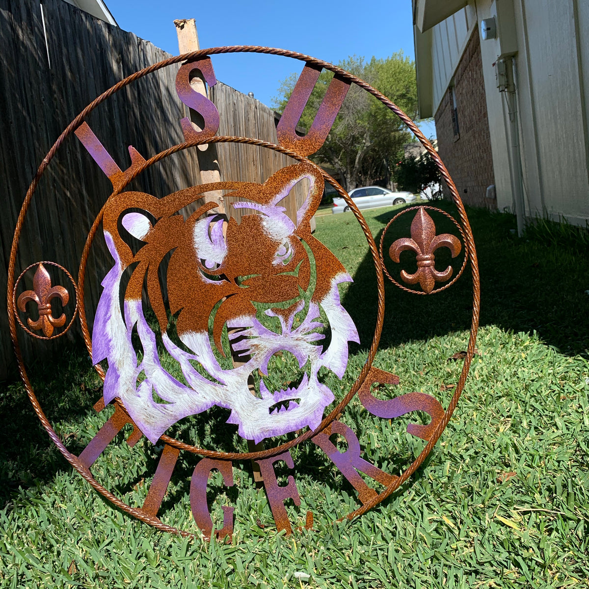 LSU TIGERS PURPLE WHITE CUSTOM METAL VINTAGE CRAFT SIGN TEAM WALL ART WESTERN HOME DECOR HANDMADE