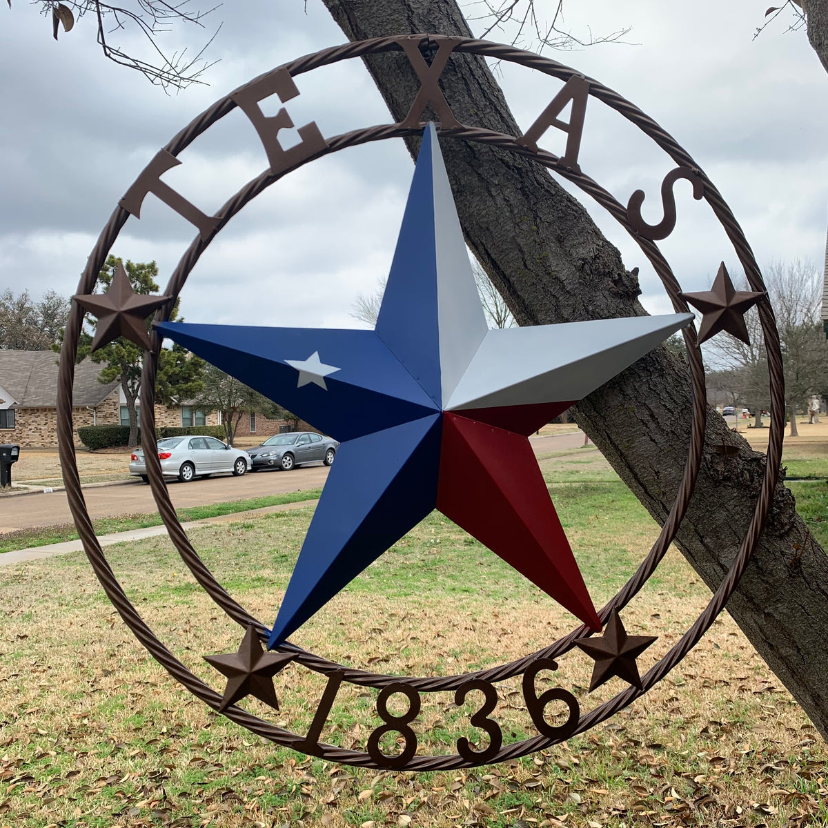TEXAS 1836  FLAG STAR RED WHITE BLUE BARN STAR TWISTED ROPE RING BRONZE WESTERN HOME DECOR  #EH10958