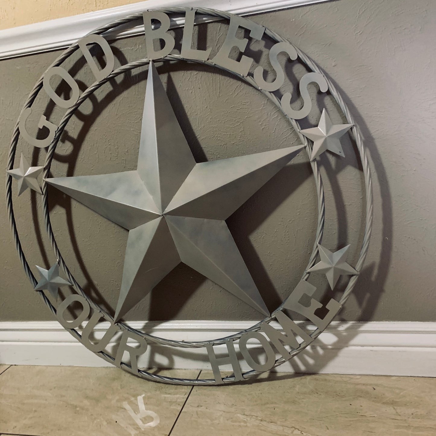 GOD BLESS OUR HOME RUSTIC BEIGE BARN METAL STAR ROPE RING WALL ART WESTERN HOME DECOR HANDMADE NEW #EH11686
