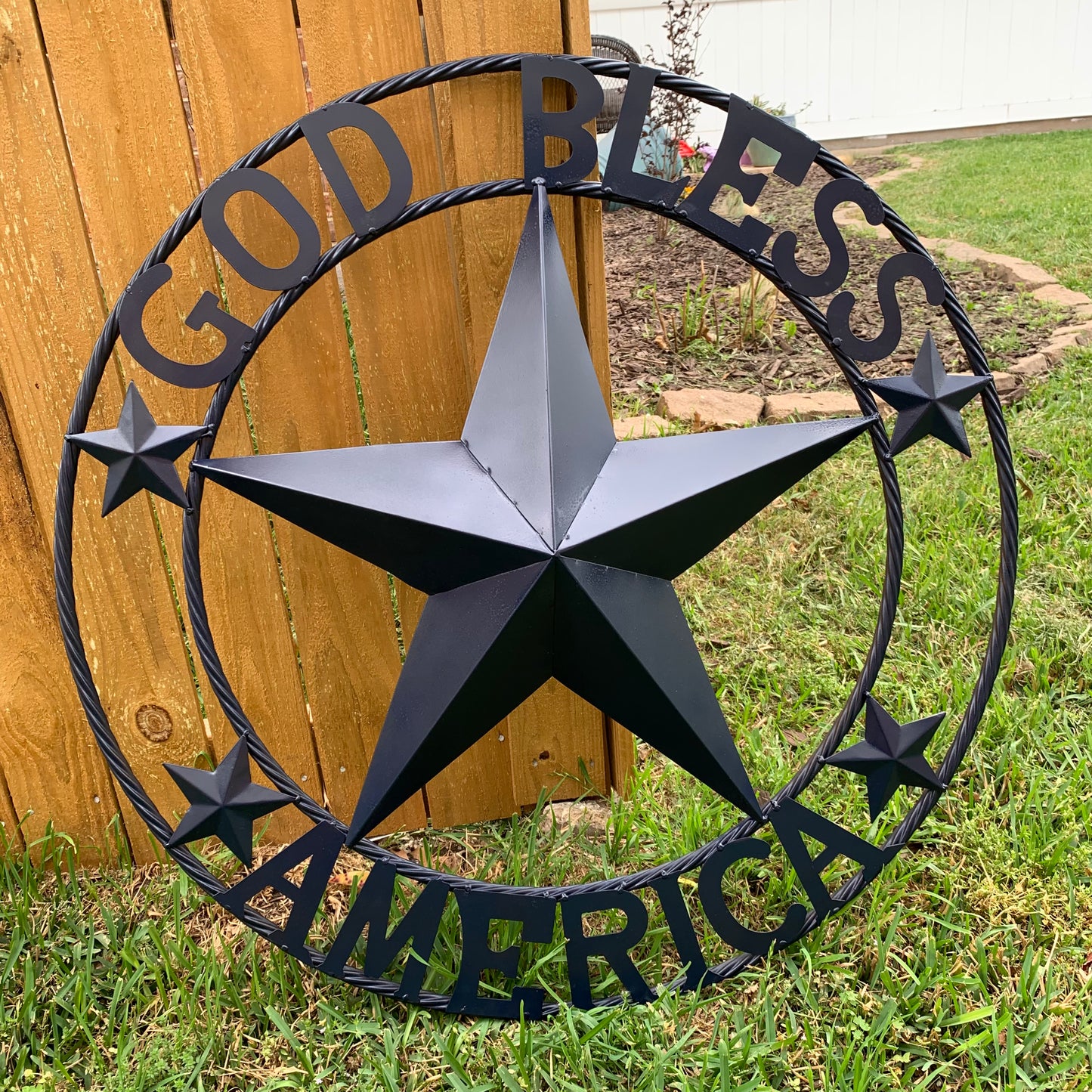 GOD BLESS AMERICA NAVY BLUE METAL BARN STAR RING ART WESTERN HOME DECOR NEW-#EH10131