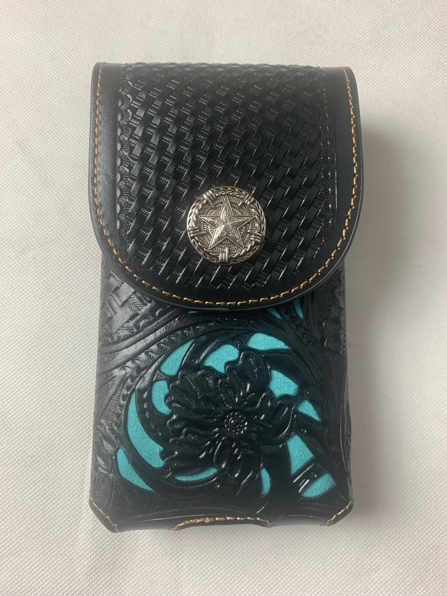 7" LONE STAR BLACK & TURQUOISE LEATHER HOLSTER POUCH EXTRA LARGE  BELT LOOP CELL PHONE CASE UNIVERSAL OVERSIZE--FREE SHIPPING