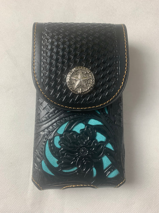 7" LONE STAR BLACK & TURQUOISE LEATHER HOLSTER POUCH EXTRA LARGE  BELT LOOP CELL PHONE CASE UNIVERSAL OVERSIZE--FREE SHIPPING