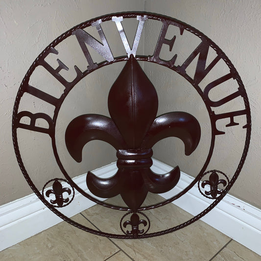 BIENVENUE FLEUR DE LIS GLOSSY BROWN METAL WALL ART WESTERN HOME DECOR NEW #EH10183